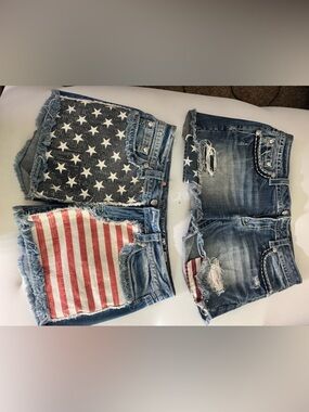 Miss Me Distressed Blue Denim Jean Shorts with American Flag Patch